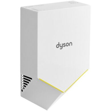 Hand dryer by Dyson with polycarbonate construction and white finish features HEPA filtration while being ADA compliant  |  3333-01 displayed
