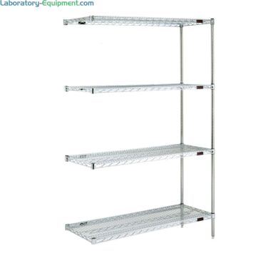 Complete 4-shelf add-on system by Eagle Group with adjustable open-wire shelves easily attaches to existing shelving system; available in low cost chrome-plated