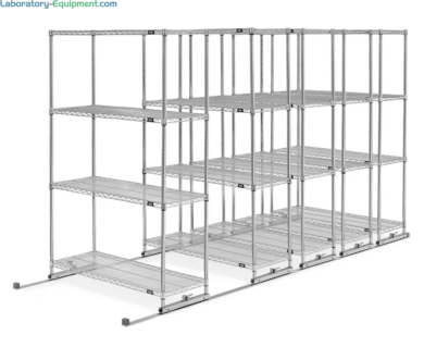 Shelving units slide on a track for storage efficiency  |  1384-03 displayed