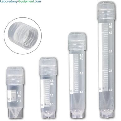 Self-standing externally threaded cryogenic vial with printed graduations and marking area