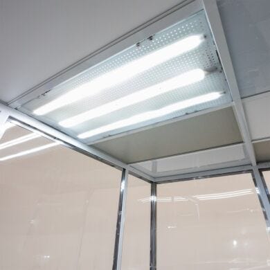 HEPA FFU with integrated LED light and static neutralizing ionizer, powder-coated steel construction  |  6601-PP-25 displayed