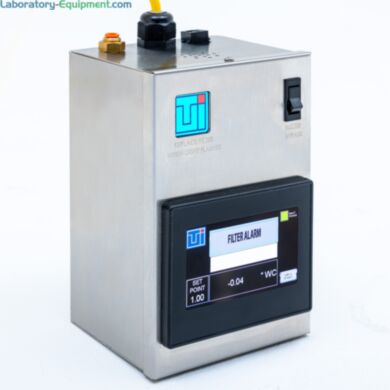 Filter alarm enclosure with PLC features a digital touchscreen display, buzzer bypass switch, and conduit fittings for complete filter status monitoring  |  2625-54C-SS displayed