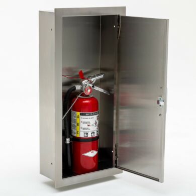 Open flush mount stainless steel fire extinguisher cabinet with visible extinguisher securely housed inside