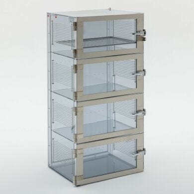 4-chamber, static dissipative PVC, Adjust-A-Shelf™ desiccator accepts constant feed of inert nitrogen process gas | 3950-17E displayed