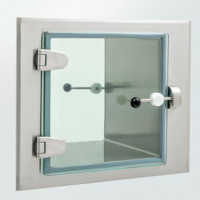 Pass-through utilizes a pivoting bar latch with large ergonomic handle on each door that rotates into the catcher  |  2627-PP-01 displayed