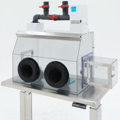 Glove box with filtration module adjustable to single-pass or continuous recirculation operation, shown with optional air lock  |  3306-62 displayed