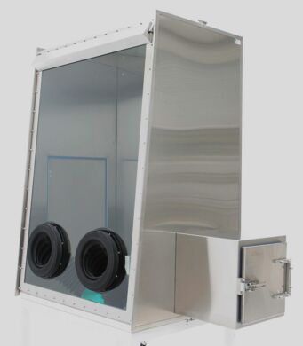 Full-View Stainless Steel Glove Box provides a clean, low-humidity environment (shown with optional air lock, gloves)  |  9670-04 displayed