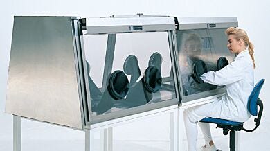 Stainless Steel Full-View Series 500 Glove Boxes provide dual-side access (twin model shown with optional gloves, stand)  |  1694-32A displayed