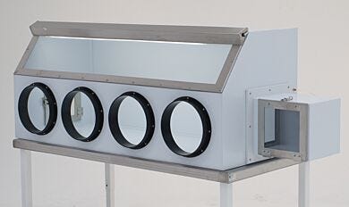 Polypropylene laboratory glove box includes four glove ports, tempered-glass window, illuminator and four 10