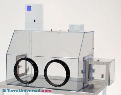 Glove box with open-loop filtration system provides single-pass of ULPA-filtered air; two-port static-dissipative PVC model shown with optional air lock. | 3306-62-OL displayed