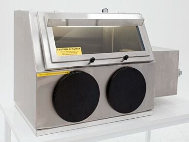 Single Series 310 Negative Pressure Glovebox Shown with optional gauge, stand, and right sided airlock.  |  3305-54B displayed