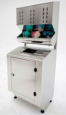 BioSafe® stainless steel glove dispenser is mounted on a stainless steel waste disposal cabinet  |  4951-34A-2 displayed