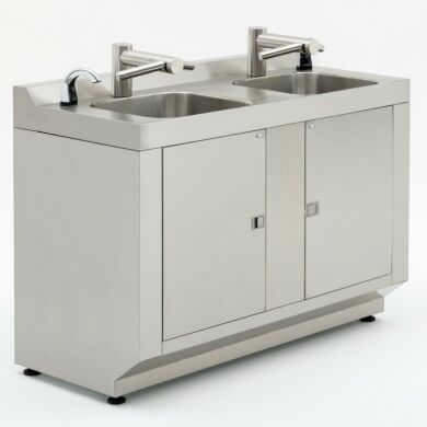 Automatic faucets and Dyson AirBlade® hand dryers with smooth disinfectant-ready stainless steel surfaces | 9600-61D displayed