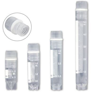Self-standing internally threaded cryogenic vial with printed graduations and marking area