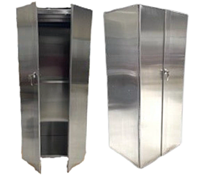 Stainless steel tall storage cabinet for use in nuclear pharmacy, with 1/16