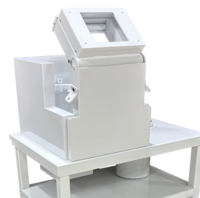 Radiopharmacy table with L block shield and view window in white powder-coated option with optional lead brick cave  |  5609-10 displayed