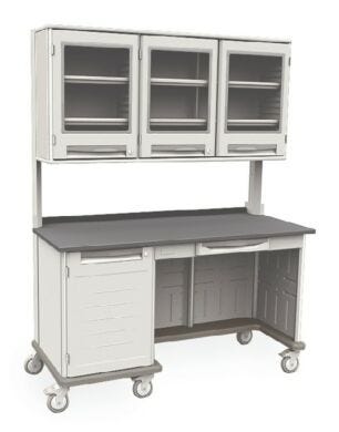 Starsys mobile work center with epoxy resin top, kneewell, locking doors and overhead cabinets  |  1311-34 displayed