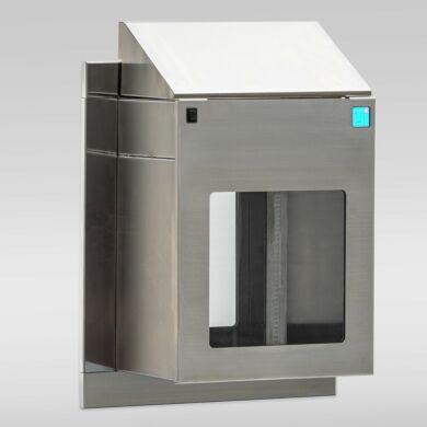Wall-mount pass-through features a motorized sliding door on both sides of the stainless steel chamber, with sloping top | 2629-00 displayed