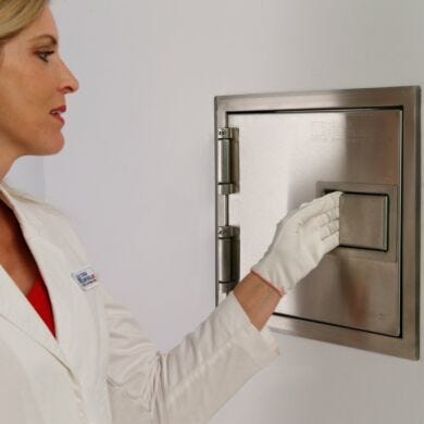 Fire-rated pass-through doors carry the UL 10B label, allow transfer of small items through a fire-rated wall  |  2641-20A displayed