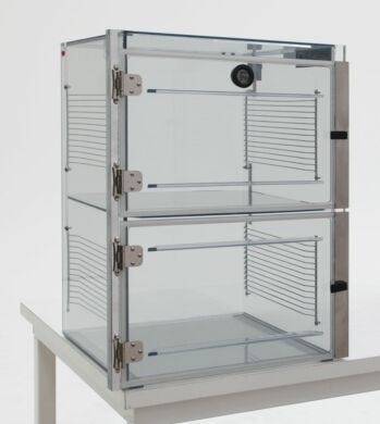 ValuLine® plastic desiccator cabinet, static-dissipative PVC, 2 chambers with adjustable shelving  |  3949-31C displayed