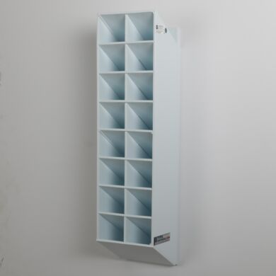 Polypropylene safety glass holder with 16 (2 x 8) compartments, keyhole cutouts for wall mounting, 6.75