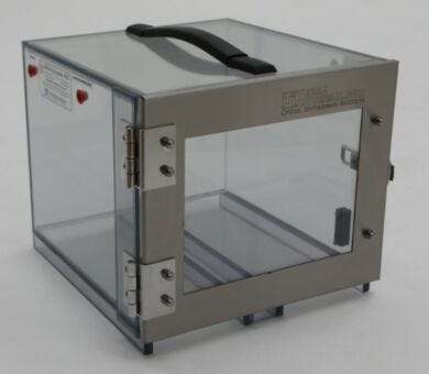 A contamination-free SDPVC portal economical desiccator cabinet carrying container, for moisture-sensitive devices.  |  9302-21B displayed