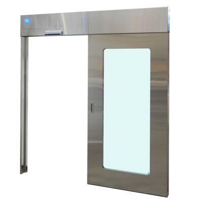 Stainless steel sliding door with recessed track design comes as a complete, ready-to-install unit  |  5555-PP-02 displayed