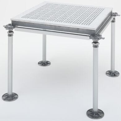 A 2'x2' sample of modular raised cleanroom flooring, perforated to optimize laminar airflow  |  6600-53 displayed