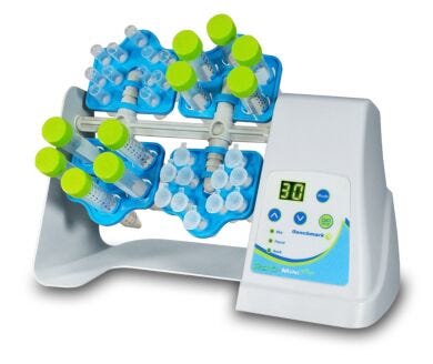 Roto-Mini Plus Variable Speed Rotators by Benchmark Scientific with a 5-70 rpm speed, mix, pause and rock functions; 115V and 230V models with 4 tube holders