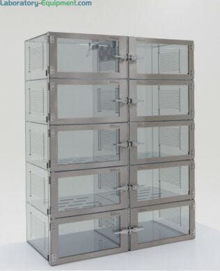 Ten-chamber IsoDry desiccator cabinet offers unsurpassed RH uniformity; dissipative PVC prevents static charges and dust attraction | 3950-07F-ISO displayed
