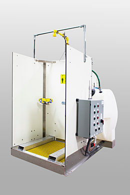 The self contained indoor safety shower is skid mounted for better grip