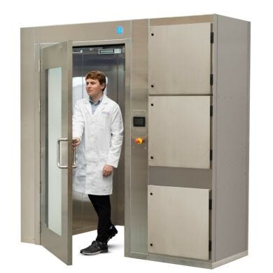 Low profile stainless steel unit provides cleanroom protection and self containing unit for decontamination  |  6010-00D-LP displayed