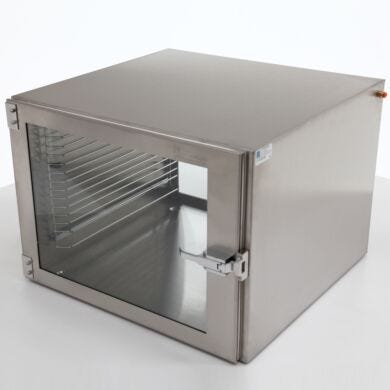 ISO 6 Stainless steel desiccator cabinet, single chamber design, provides dry and sterile storage environment; featuring ergonomic Lift Latch, tempered glass vi  |  1610-32A displayed