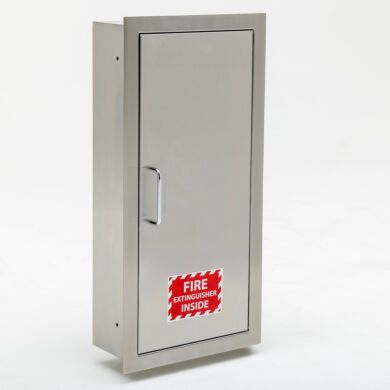 Flush-mount stainless steel fire extinguisher cabinet engineered for cleanrooms to securely store and protect fire extinguishers while preserving contamination