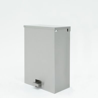 Stainless steel hands-free garment hamper with pneumatic soft-closing lid; for storing used or contaminated garb, 30
