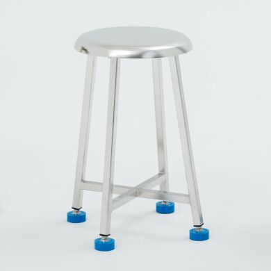 Medium height stainless steel lab stool with round seat and blue adjustable leveling feet for stable laboratory seating.  |  2806-PP-02 displayed