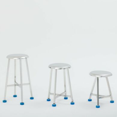 Industrial stainless steel lab stools with adjustable leveling feet, available in three different heights for laboratory and cleanroom applications. | 2806-PP-02 displayed