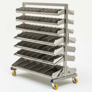 Double-sided mobile bin handled shelving unit with seven shelves per side, in three sizes for a variety of small parts storage and easy access | 9611-74 displayed