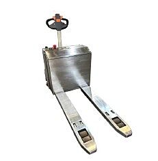 SuperLift's stainless steel rider pallet truck seamlessly combines heavy-duty material transport with operator comfort  |  1735-23 displayed