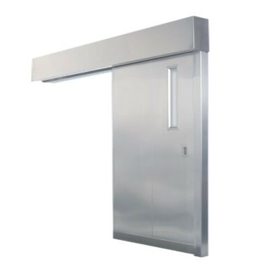 Single-sliding cleanroom door featuring a seamless stainless steel panel and a durable stainless steel track system for smooth, contamination-free operation.  |  1999-58 displayed
