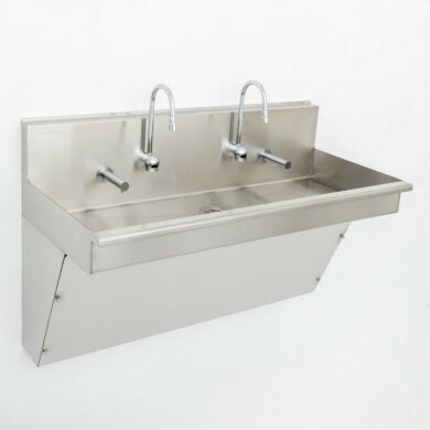 Durable two-station stainless steel scrub sink with hands-free operation, designed for hospitals, laboratories, and cleanroom environments.  |  1373-61A displayed