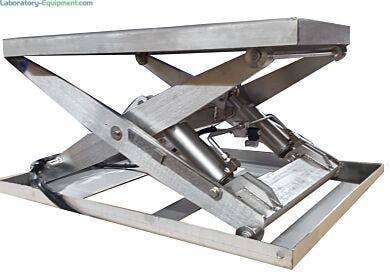 Stainless steel washdown lift table shown in raised position, featuring rectangular platform, double scissor lift mechanism, and hydraulic cylinder operation.  |  1735-06 displayed