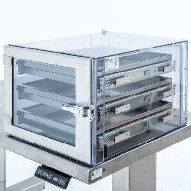 Faraday-design static-dissipative PVC desiccator with nitrogen purge for ESD-sensitive component storage  |  2547-00B displayed