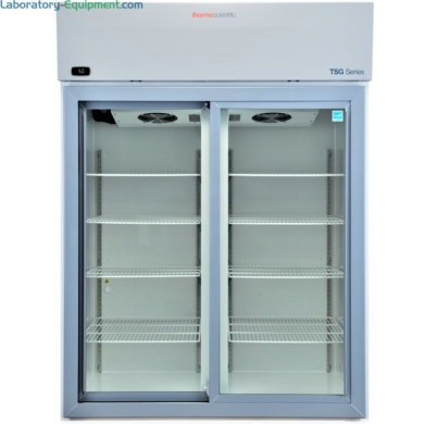Energy-efficient 45.8 cu. ft. TSG4505GA Sliding Glass Doors Lab Refrigerator by Thermo Fisher Scientific with a 2–8°C range includes 4 casters and 8 shelves