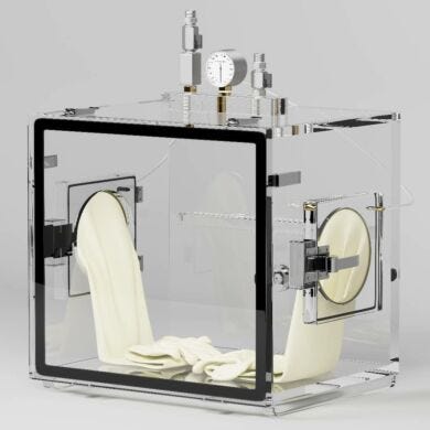 Glove box capable of handling 29.8 in. Hg negative processing, designed for anaerobic processing