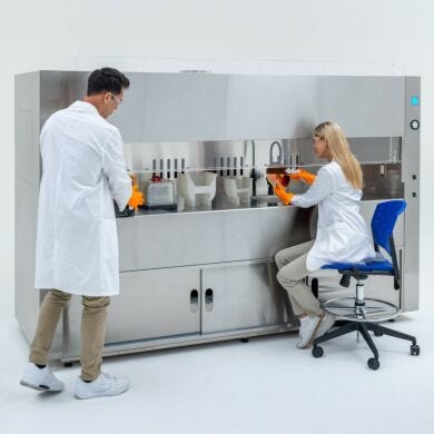 Stainless steel wet processing station, 9ft wide, with slide-up SD-PVC shield; sash is counter-weighted to easily slide and hold in any position | 7018-03 displayed