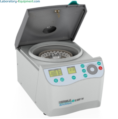 Compact 11 inch Hermle Z207-M Microcentrifuge features an EZ-Scroll touch pad and a maximum speed of 13,500 rpm; rotor options for 1.5 and 2.0 ml tubes  |  2823-PP-15 displayed