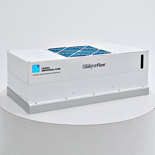 Uninterruptible Power Supply (UPS) mounted on top of FFU allows battery operation during power outage; status indicator lights provide visual alerts  |  6601-24A-H-EC-BP displayed