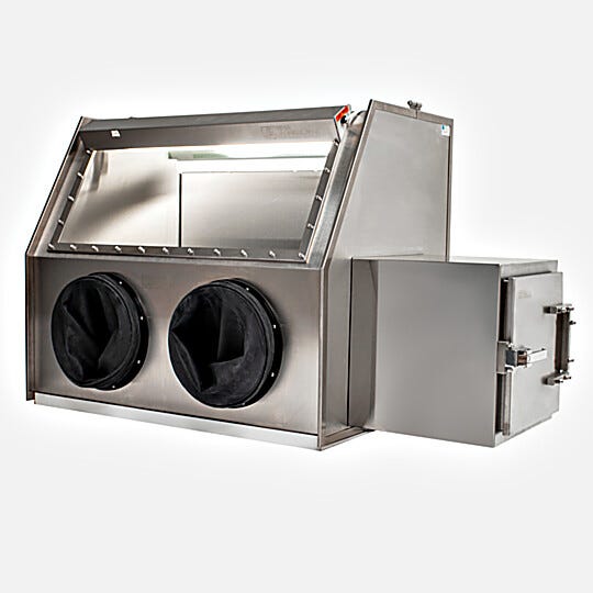 Stainless Steel Single Series 300 Glove Box Isolator includes Tempered Glass Window Right Airlock, and port for NitroWatch sensor | 1694-01C displayed