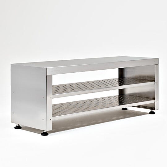 Solid-top 48"L gowning bench includes perforated shelves for bootie storage  |  1540-16 displayed